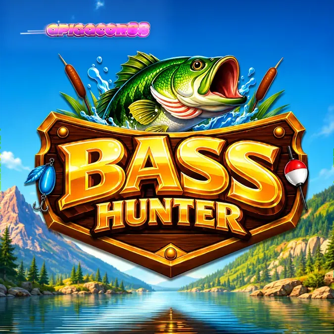 Tampilan layar permainan slot Bass Hunter dengan latar belakang danau yang tenang
